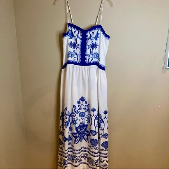 NEW FARM Rio Off-White Shell Garden
Midi Dress Beaded Straps Linen Blue Size XL - Picture 7 of 16